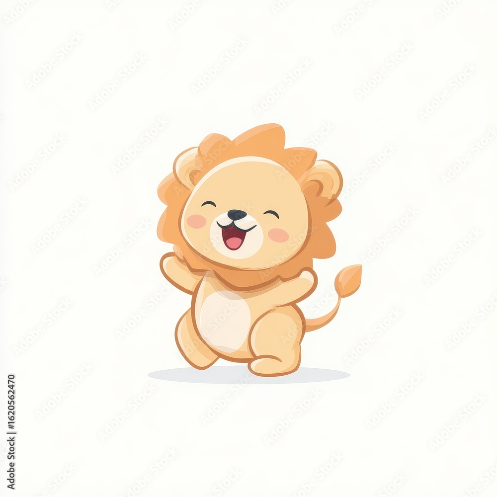 Fototapeta premium Happy cartoon lion cub, playful pose, white background, for children's book illustration