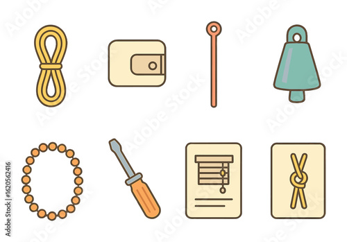 Window Blind Repair Kit. Flat vector mini-illustrations window blind cord repair kit in colors children's