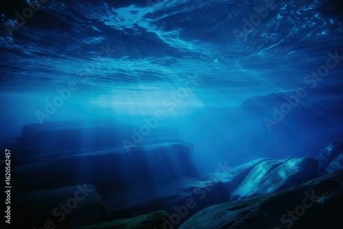 Sun rays stream through the ocean, illuminating the rocky underwater landscape