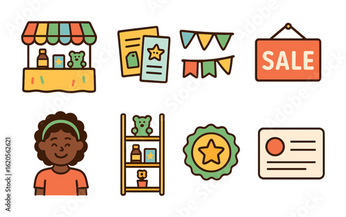 Kids Entrepreneurship Fair. Flat vector mini-illustrations kids entrepreneurship fair in colors children's