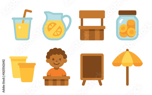 Lemonade Stand Icons. Flat vector mini-illustrations kids running lemonade stands in colors children's