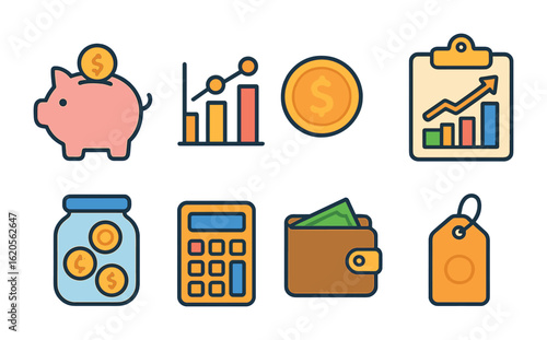 Youth Financial Icons. Flat vector mini-illustrations financial literacy for young entrepreneurs in colors