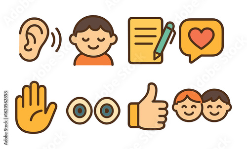 Active Listening Icons. Flat vector mini-illustrations active listening in family communication in colors
