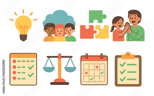 Collaborative Family Solutions. Flat vector mini-illustrations collaborative problem solving at home in colors
