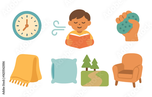 Calming Breaks Icons. Flat vector mini-illustrations taking calming breaks during conflict in colors