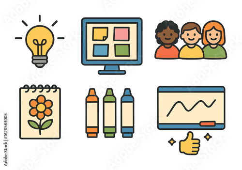 Virtual Brainstorming Icons. Flat vector mini-illustrations virtual brainstorming session in colors children's