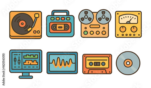 Children's Studio Equipment Icons. Flat vector mini-illustrations analog and digital studio equipment in