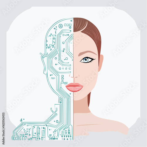 Menschengesichts halb digital, halb mechanisch 