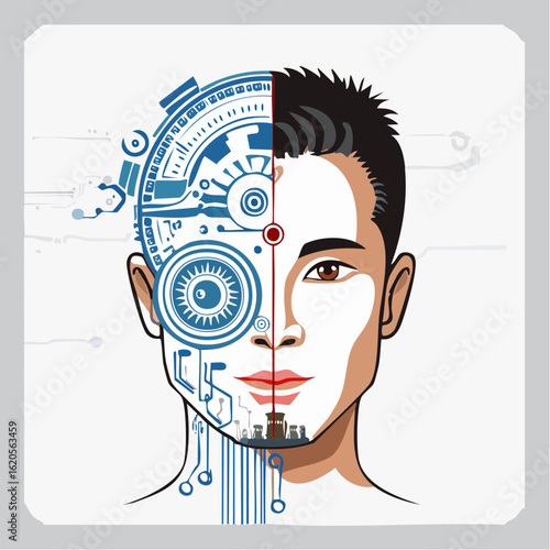 Menschengesichts halb digital, halb mechanisch 