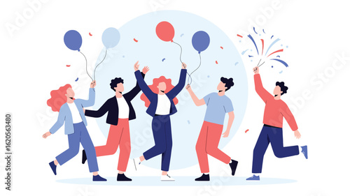 Illustration of five people celebrating with balloons and confetti, symbolizing teamwork, festivity, success, and joyful collaboration