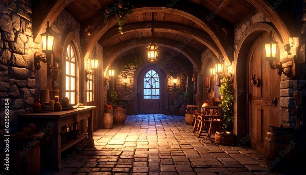 Fototapeta premium Medieval hallway with arched ceiling