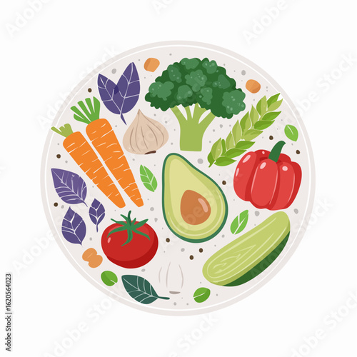 Ausgewogener veganer Teller mit Gemüse und Hülsenfrüchten – flache Vektorillustration