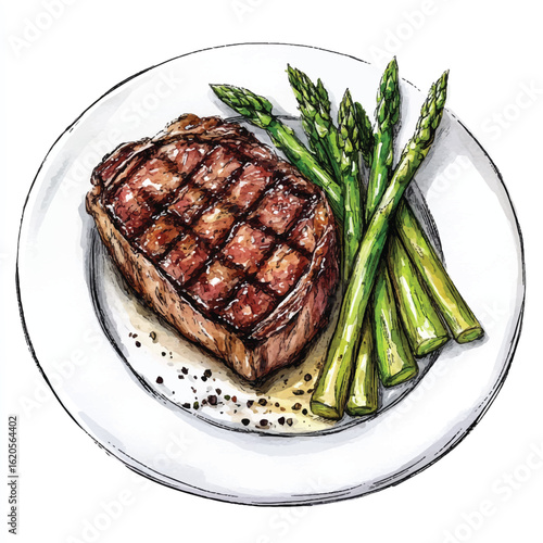 Grilled Steak with Asparagus on a White Plate HandDrawn Illustration