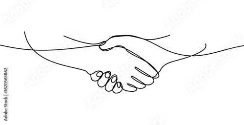 Minimalist continuous line drawing of two hands shaking, symbolizing agreement, partnership, teamwork, and mutual understanding