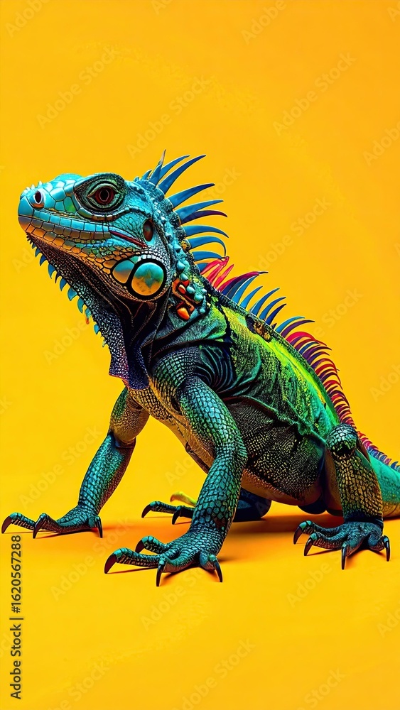 Fototapeta premium Vibrant Green Iguana Lizard on Yellow Background Detailed Reptile Portrait