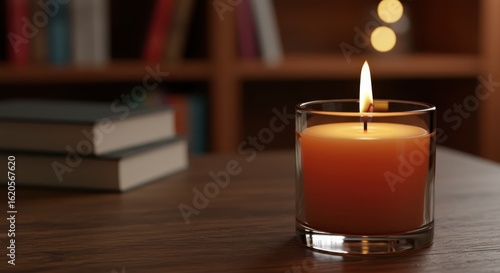 Cozy evening reading with a scented candle and books