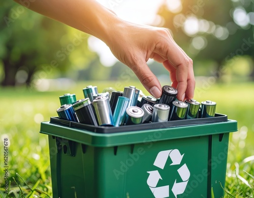 Person recycling batteries by putting them in a green recycling bin outdoors.
