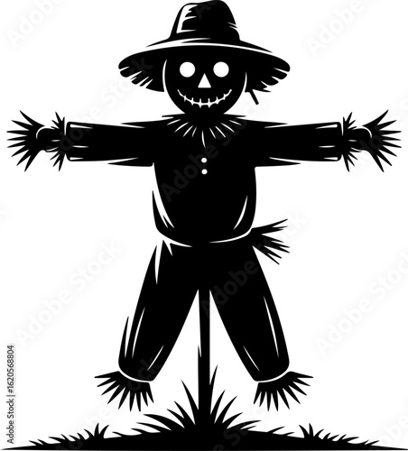 black silhouette vector of a scarecrow standing in a field