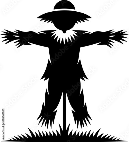 black silhouette vector of a scarecrow standing in a field