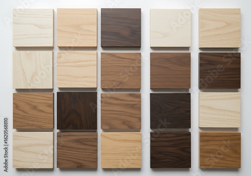 A diverse assortment of square wood finish samples showcasing a palette of natural grains, colors, and textures for design.