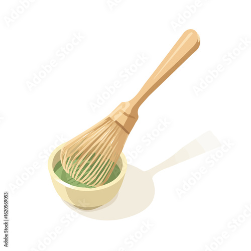 New Simple illustration flat 2D icon of bamboo matcha whisk on bowl isolated on a white background, vector design, ideal for animation, web design, digital, and minimalist design, clipart