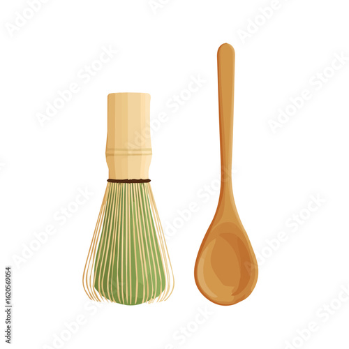 New Simple illustration flat 2D icon of bamboo spoon and whisk for matcha isolated on a white background, vector design, ideal for animation, web design, digital, and minimalist design, clipart