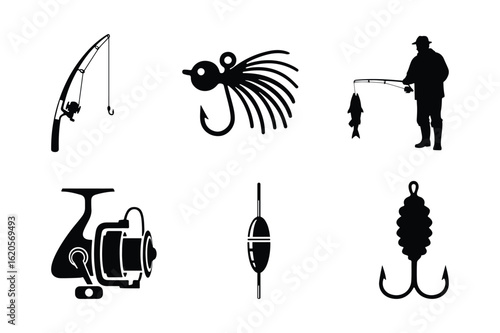 Set of fishing equipment vector icons including fisherman, fishing rod, fishing reel, fishing lure, fishing floats and fishing hook. Outdoor sport and recreation. 