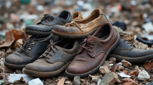 Multiple discarded footwear items among trash bags and refuse in landfill setting

