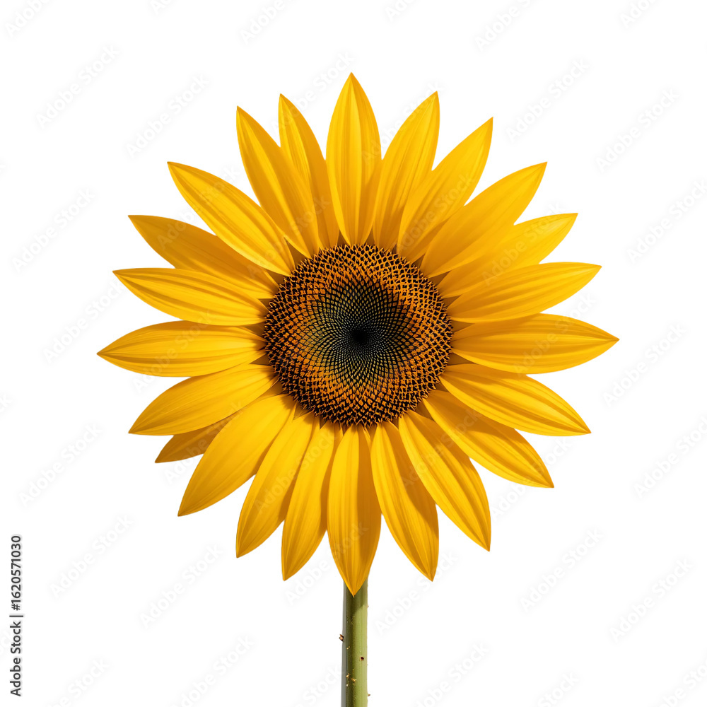 Fototapeta premium Single Bright Yellow Sunflower With Dark Brown Center Isolated Transparent Background