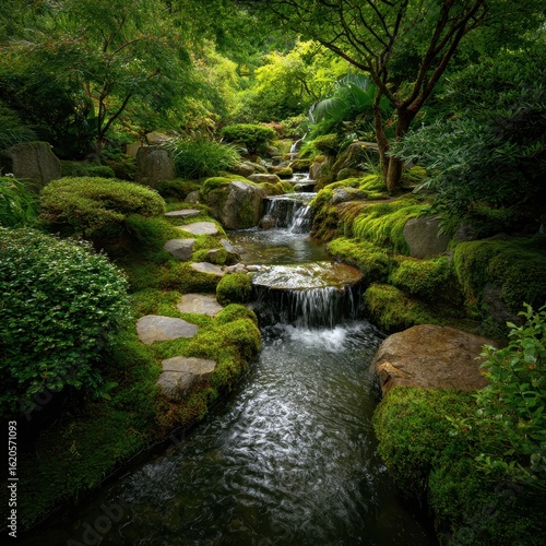 Lush garden stream, cascading water, serene Japanese garden. Possible use meditation