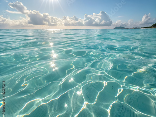 Clear turquoise ocean water shimmers under sunlight with clouds on the horizon