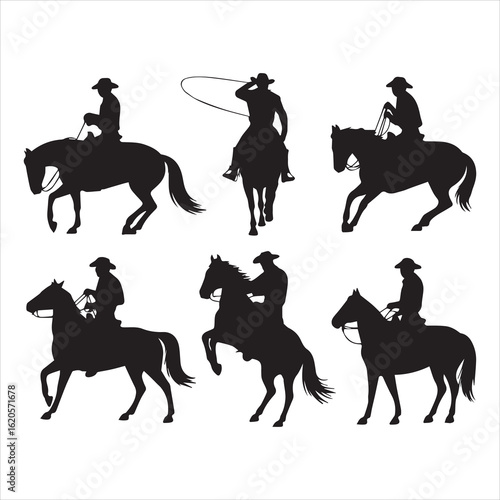 Silhouette collection of horse riders in various poses with cowboys and horses vector illustration