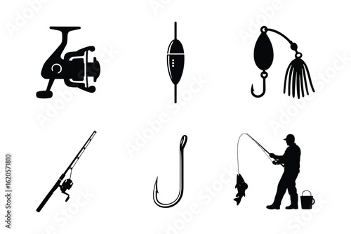 Set of fishing equipment silhouettes