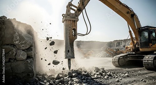 A large hydraulic breaker relentlessly breaks down a rock face in a dusty industrial mining quarry.