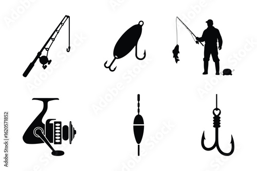 Set of fishing equipment vector icons including fisherman, fishing rod, fishing reel, fishing lure, fishing floats and fishing hook. Outdoor sport and recreation. 