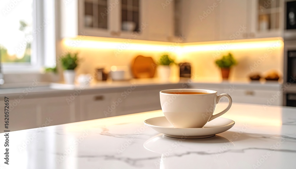 Obraz premium White Teacup on Marble Counter in Modern Kitchen