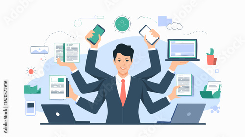Business Multifaceted Vector SVG Illustration with Multiple Digital Devices and Documents in Modern Flat Style