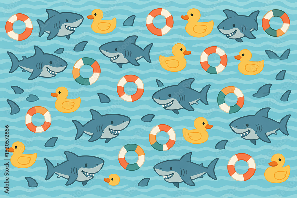 Fototapeta premium Playful Pattern with Sharks, Ducks, and Lifebuoys