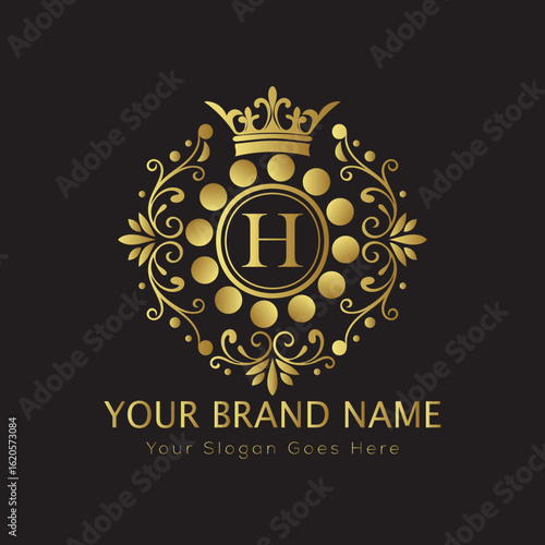 Letter Luxury brand logo design with a royal gold crown emblem and elegant typography	