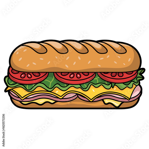 Delicious cartoon submarine sandwich filled with fresh ingredients appetizing long sub sandwich for lunch or dinner tasty meal
