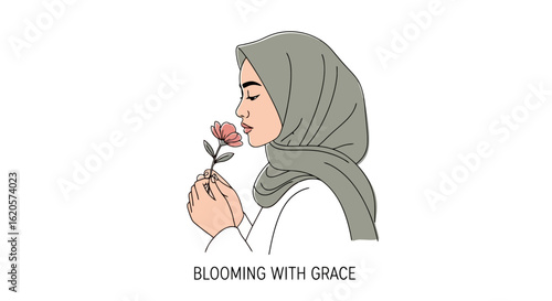 Woman in Hijab Smelling a Flower: Minimalist Line Art