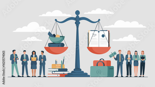 Professional Vector SVG Illustration of Legal Balance Scale with Business People in Modern Flat Style Featuring Geometric Shapes and Vibrant Colors