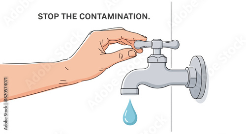 Water Contamination Prevention: Illustration of Hand Turning Off Faucet to Stop Pollution