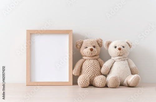 Wooden frame with two teddy bears