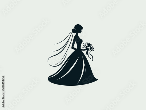 Elegant silhouette of bridal gown vector logo for luxury wedding boutiques