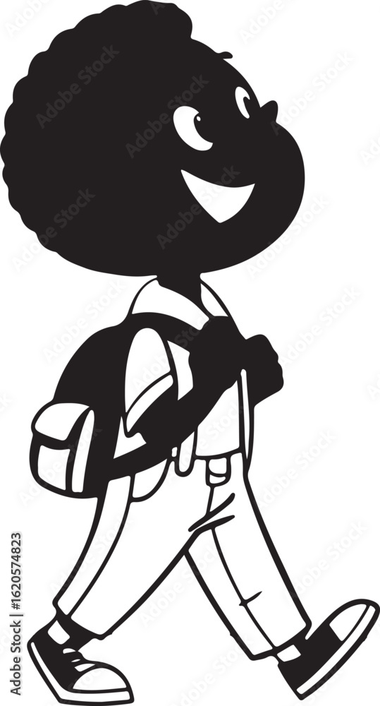 Fototapeta premium Cartoon of a happy child on his way to school or an adventure, emphasizing motivation, joy, and the spirit of childhood.
