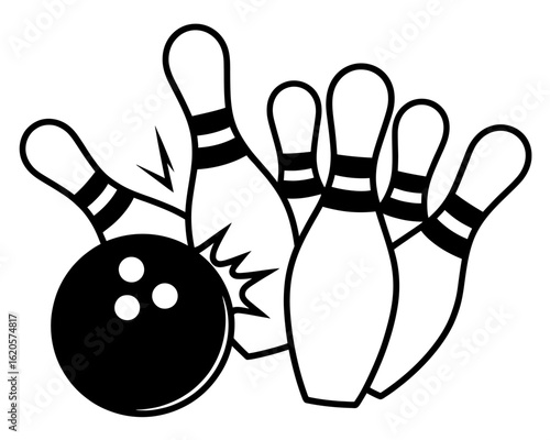 Bowling strike with ball hitting pins in black and white vector illustration for sports and entertainment design element