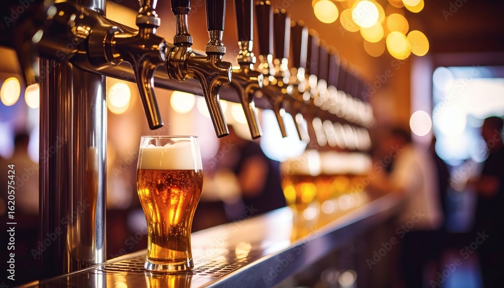 Beer tap pouring lager, blurred background in restaurant or pub Beer tap pouring lager, blurred background in restaurant or pub
