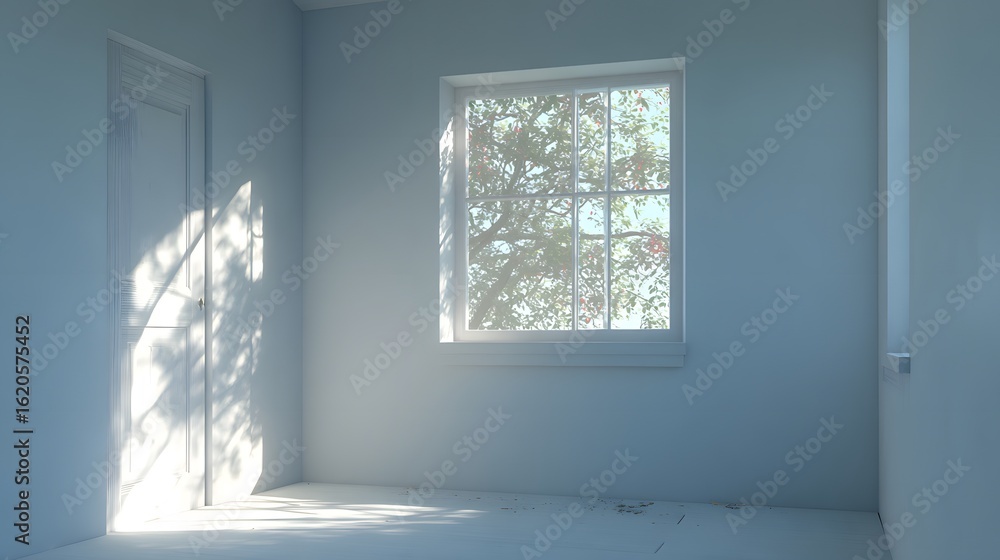 Fototapeta premium Empty room with a window and a door, bathed in natural light.