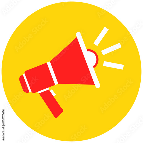 Red megaphone icon on yellow circle background for announcements vector art